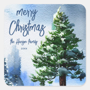 Pine Tree with Snow Watercolor Malerei Weihnachten Quadratischer Aufkleber
