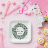 Pine Tree Wreath Frohe Weihnachten Grün & Rot Pappteller (Party)