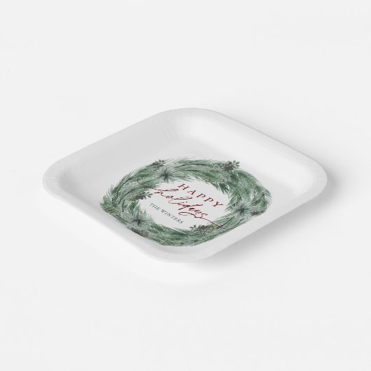 Pine Tree Wreath Happy Holidays Green & Red Pappteller (Gewinkelt)