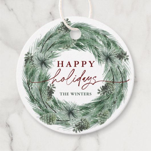 Pine Tree Wreath Happy Holidays mit QR Code Geschenkanhänger (Vorderseite)