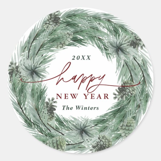 Pine Tree Wreath Happy New Year Runder Aufkleber (Vorderseite)