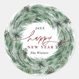 Pine Tree Wreath Happy New Year Runder Aufkleber