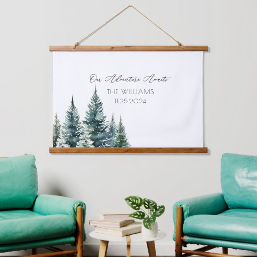 Pine Trees Alternative Wedding Guest Book Wandteppich Mit Holzrahmen (Wohnzimmer)