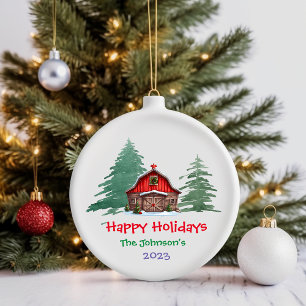 Pine Trees and Red Barn Winter Wonderland Keramik Ornament