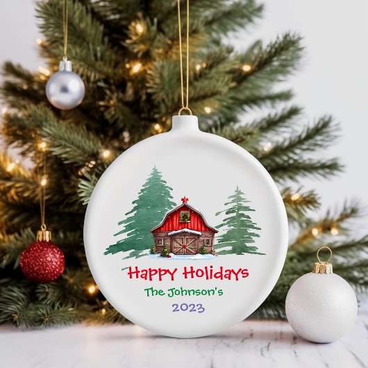 Pine Trees and Red Barn Winter Wonderland Keramik Ornament