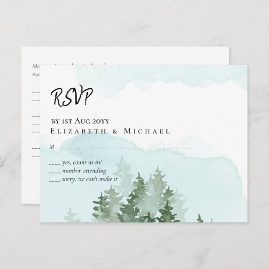 Pine Trees Aquamarin und Sage Wedding Postcard Postkarte (Vorne/Hinten)