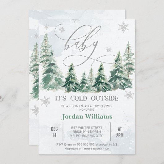 Pine Trees Baby ist kalt außerhalb Baby Dusche Einladung (Vorne/Hinten)