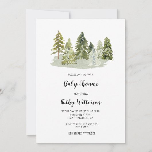 Pine Trees Babydusche Einladung (Vorderseite)
