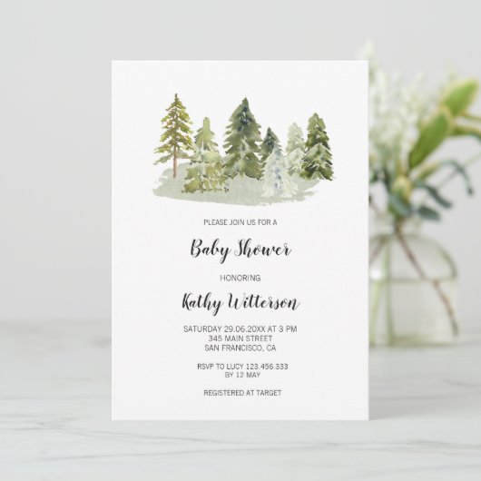 Pine Trees Babydusche Einladung (Stehend Vorderseite)
