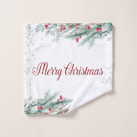 Pine Trees Branches Red Berries Badhandtuch Set (Waschlappen)