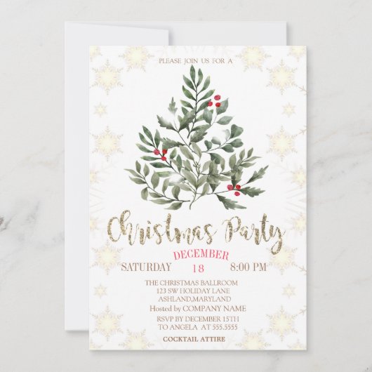 Pine Trees Branches Snowflakes Weihnachtsfest Part Einladung (Vorderseite)