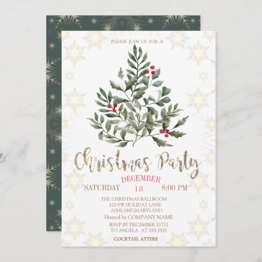 Pine Trees Branches Snowflakes Weihnachtsfest Part Einladung (Vorne/Hinten)