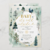 Pine Trees Gold Winter Gender Reveal Baby Shower Einladung (Vorne/Hinten)