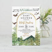 Pine Trees Ließ die Adventure Begin Baby Dusche Einladung (Stehend Vorderseite)