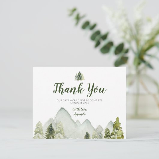 Pine Trees Mountain Adventure Baby Dusche Dankeskarte (Stehend Vorderseite)