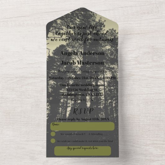 Pine Trees Olive Green Herbsthochzeit All In One Einladung (Innen Boden)