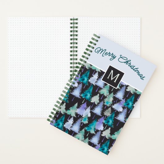 Pine Trees Pattern Festival Blue & Green Weihnacht Notizblock (Innen)