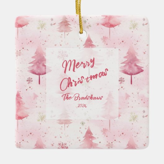Pine Trees Pink Aquarell Weihnachten Keramikornament (Vorderseite)