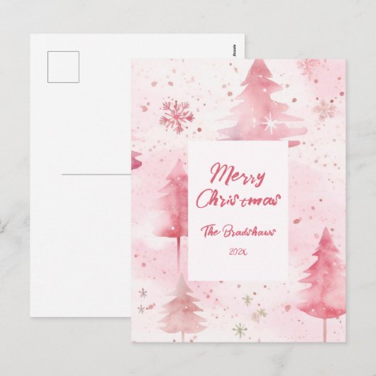 Pine Trees Pink Christmas Postcard Feiertagspostkarte (Vorne/Hinten)