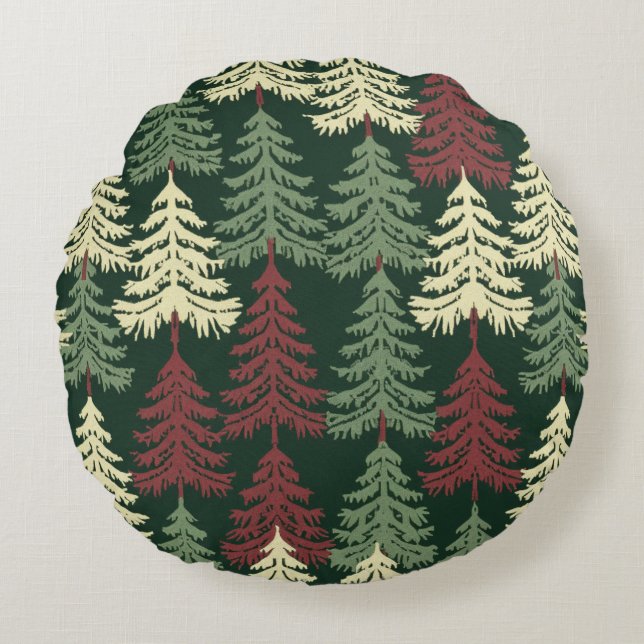 Pine Trees Red Green Rundes Kissen (Vorderseite)