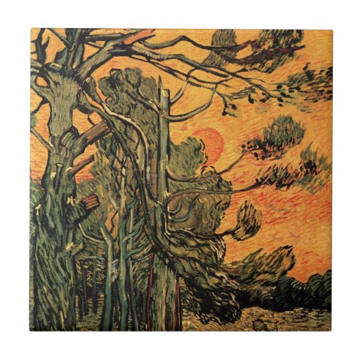 Pine Trees Red Sky Setting Sun by Vincent van Gogh Fliese (Vorderseite)