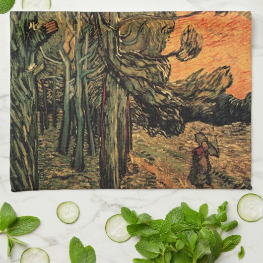 Pine Trees Red Sky Setting Sun by Vincent van Gogh Geschirrtuch (Gefaltet)