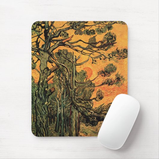 Pine Trees Red Sky Setting Sun by Vincent van Gogh Mousepad (Mit Mouse)