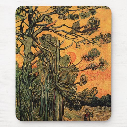 Pine Trees Red Sky Setting Sun by Vincent van Gogh Mousepad (Vorne)
