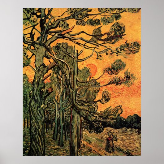 Pine Trees Red Sky Setting Sun by Vincent van Gogh Poster (Vorne)
