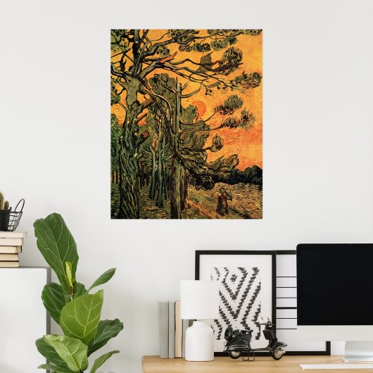 Pine Trees Red Sky Setting Sun by Vincent van Gogh Poster (Heimbüro)