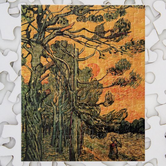 Pine Trees Red Sky Setting Sun by Vincent van Gogh Puzzle