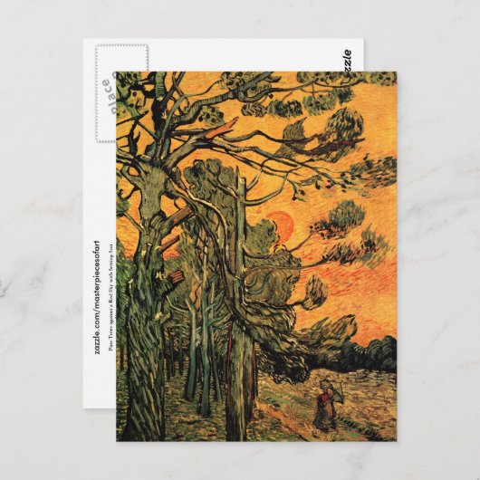Pine Trees Red Sky Sunset Van Gogh Fine Art Postkarte (Vorne/Hinten)