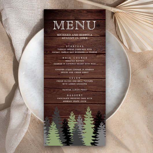 Pine Trees Rustic Wood Winter Wedding Menükarte