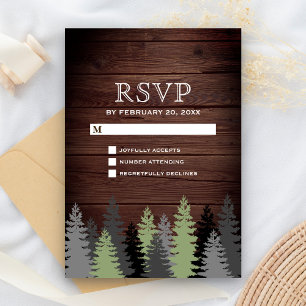 Pine Trees Rustic Wood Winter Wedding RSVP Karte