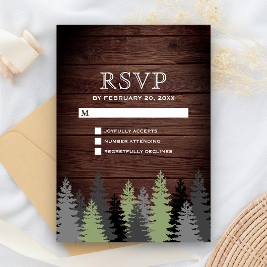 Pine Trees Rustic Wood Winter Wedding RSVP Karte