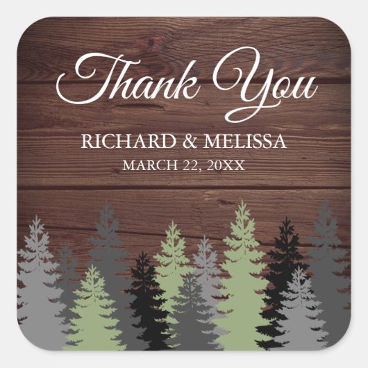 Pine Trees Rustic Wood Winter Wedding Vielen Dank Quadratischer Aufkleber (Vorderseite)