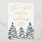 Pine Trees Snow Winterweihnachtsfest Save the Date Folieneinladung (Vorderseite)