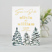 Pine Trees Snow Winterweihnachtsfest Save the Date Folieneinladung (Stehend vorne)