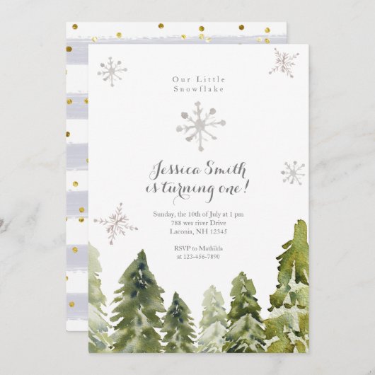 Pine Trees Snowflakes 1. Geburtstag Einladung (Vorne/Hinten)