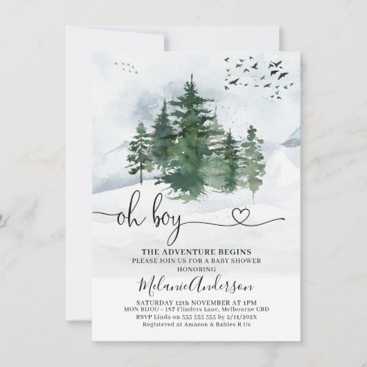 Pine Trees The Adventure fängt mit Baby-Dusche an Einladung (Vorderseite)