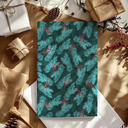 Pine Twigs and Red Berries Christmas Pattern Geschenkpapier
