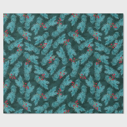 Pine Twigs and Red Berries Christmas Pattern Geschenkpapier (Flach)