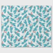 Pine Twigs and Red Berries Weihnachtsmuster Weiß Geschenkpapier (Flach)