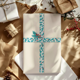 Pine Twigs and Red Berries Weihnachtsmuster Weiß Satinband