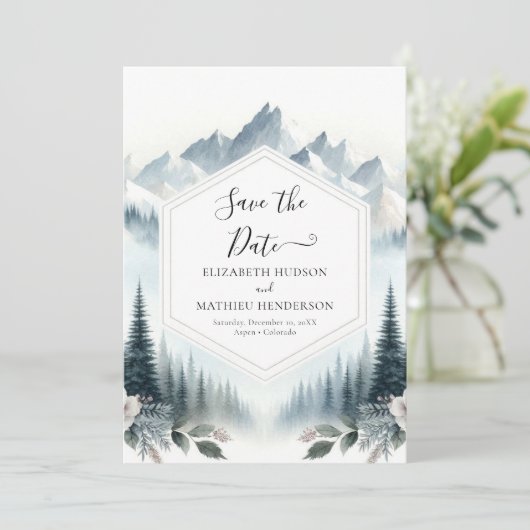 Pine Typografy Mountain Wedding Save The Date (Stehend Vorderseite)