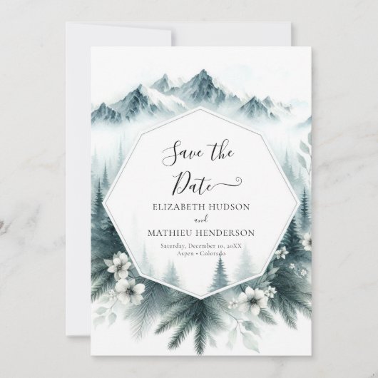 Pine Whimsical Mountains Wedding Save The Date (Vorderseite)