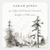 Pine Woods Mountain Landschaftsbild - Adresse Quadratischer Aufkleber (Vorderseite)