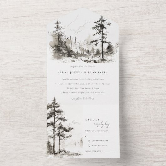 Pine Woods Mountain Landschaftsbild Hochzeit All In One Einladung (Innen Boden)