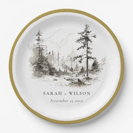 Pine Woods Mountain Landschaftsbild Hochzeit Pappteller (Vorderseite)