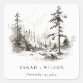 Pine Woods Mountain Landschaftsbild Hochzeit Quadratischer Aufkleber (Vorderseite)